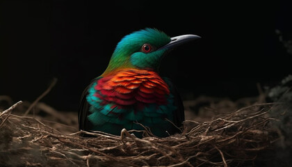 Canvas Print - A colorful bird perches on a branch in the forest generated by AI