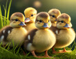 Group of ducklings on green grass, close up