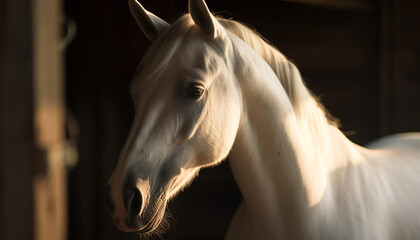 Poster - Beautiful horse grazing in a peaceful meadow under the sunset generated by AI