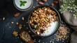 An overhead shot of a homemade granola bowl, with various nuts, seeds, and dried fruits, served with almond milk