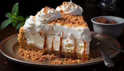 Canvas Print - Homemade sweet pie with whipped cream on wooden table generated by AI