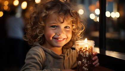 Poster - Smiling child enjoys winter fun, surrounded by Christmas lights generated by AI