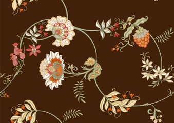 Wall Mural - Fantasy flowers in retro, vintage, jacobean embroidery style. Seamless pattern, background. Vector illustration.