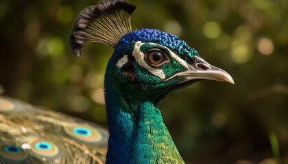 Wall Mural - A vibrant peacock displays its majestic beauty in nature generated by AI