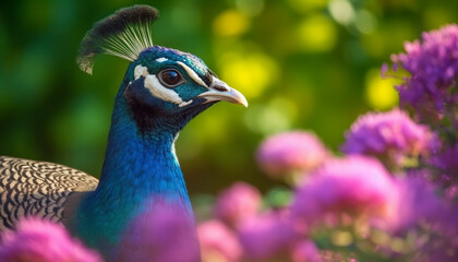 Canvas Print - A vibrant peacock displays its majestic beauty in nature colors generated by AI