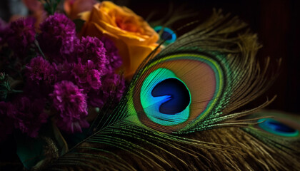 Poster - Feathered elegance vibrant peacock displays majestic beauty in nature generated by AI