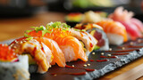 Sushi japan cousine, healthy asian dish restaurant concept of hosomaki, futomaki and nigri