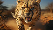 Majestic cheetah, spotted beauty, walking in African wilderness, undomesticated generated by AI