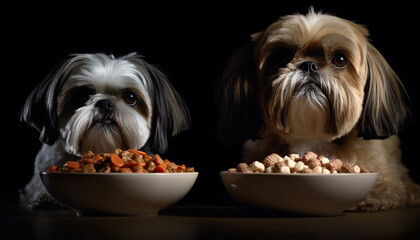 Sticker - Cute puppy sitting, looking at camera, eating snack indoors generated by AI