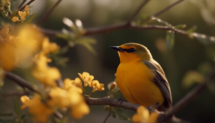 Poster - A cute bird perching on a branch in a vibrant forest generated by AI