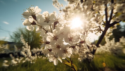 Wall Mural - Nature beauty in springtime flowers bloom, trees grow, colors vibrant generated by AI