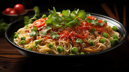 Wall Mural - Chinese noodles with tomatoes and herbs