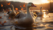 Duck and goose swim in tranquil pond, nature beauty generated by AI
