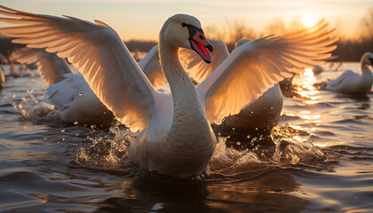 Poster - Swan glides gracefully on tranquil pond, reflecting sunset beauty generated by AI