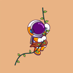 Wall Mural - Cute Astronaut Swinging With Root Rope In Jungle. Science Technology Icon Concept
