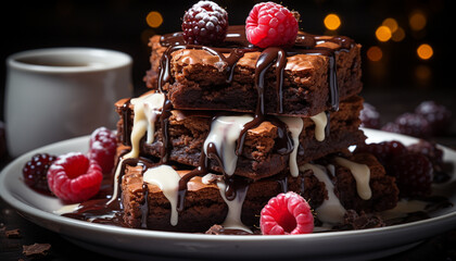 Wall Mural - Homemade chocolate raspberry brownie, a sweet indulgence on a plate generated by AI