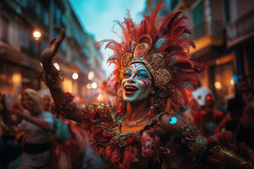 Artist in costume on the Portuguese carnival parade on the evening street of the old town