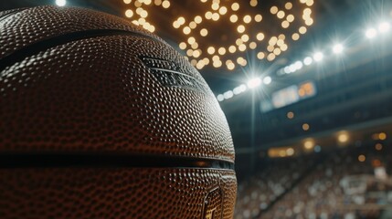Wall Mural - Close-up of a basketball placed in the center of the stadium. Texture and details of the ball on the background of the court