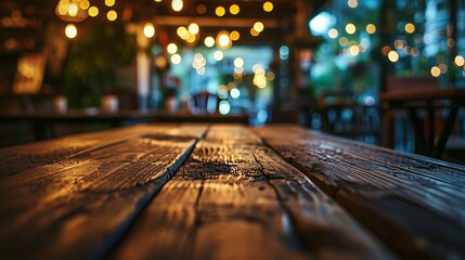 A dark wood table stands in a cafe with a blurred background. Old wooden table with blurred background