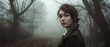Victorian murder mystery. A female detective in the fog searching for clues in the United Kingdom. In the style of a panoramic movie still. Heroine is the main character.
