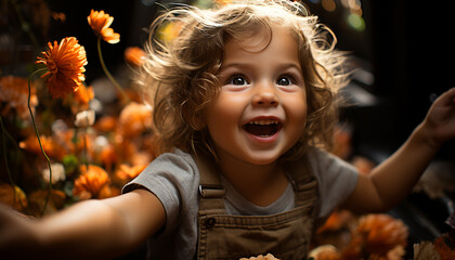 Poster - Smiling child enjoying nature, playing outdoors with carefree happiness generated by AI