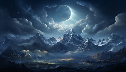 Canvas Print - Majestic mountain range, moonlight illuminates snowy peaks in night sky generated by AI