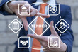 Man using virtual touch screen sees word: TENDER. Tender business concept. Launched a tender for product, company.