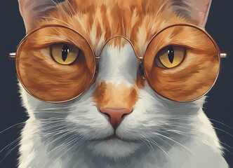 Wall Mural - Cat with glasses. Scientist cat. Round glasses. Close-up. AI generated