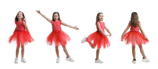 Canvas Print - Cute little girl in tutu skirt dancing on white background, set of photos