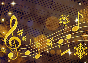 Wall Mural - Treble clef, music notes, snowflakes and sheet with musical symbols. Bokeh effect