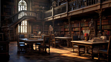 Deserted Library Reading Room With Antique Wooden Tables