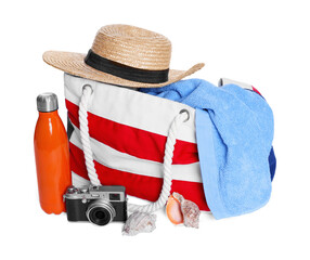 Sticker - Stylish bag, camera and other beach accessories isolated on white