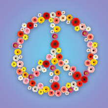 Hippie Peace Symbol Of Beautiful Flowers On Color Background