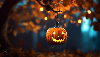 Poster - Spooky pumpkin lantern illuminates dark autumn night, Halloween celebration generated by AI