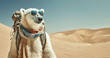 Polar bear dressed as tourist travels at the Sahara desert.