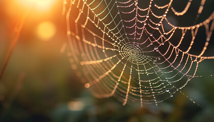 Wall Mural - Spider web glistens with dew in the autumn forest meadow generated by AI