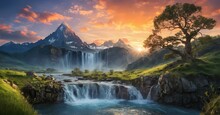 Tranquil Waterfall Amidst Lush Greenery At Sunset Landscape