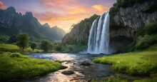 Waterfall In The Mountains Landscape