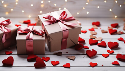 Wall Mural - Love wrapped in a heart shaped gift box, shining brightly generated by AI