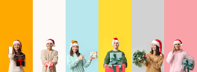 Sticker - Collage of young woman and man in winter clothes and with Christmas gifts on color background