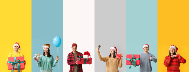 Wall Mural - Set of young woman and man in winter clothes and with Christmas gifts on color background