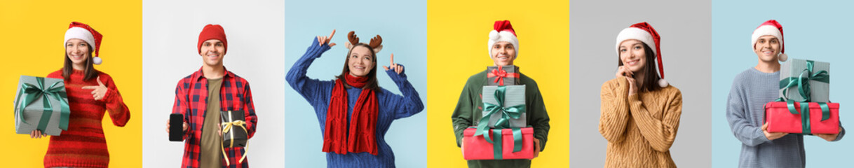 Sticker - Set of young woman and man in winter clothes and with Christmas gifts on color background