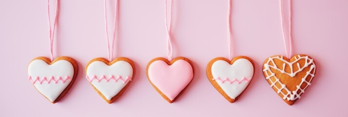 Wall Mural - Homemade valentine cookies on pastel pink background. Gingerbread hearts for Valentine's day. Sugar glazed cookies. Present for holiday, birthday, woman's day