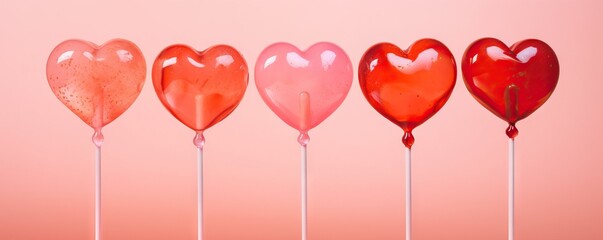 Wall Mural - Heart shape red lollipop candy on pastel pink background. Minimal Valentine or love concept. Hipster style. Top view, flat lay with copy space