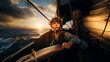 海賊に憧れる男の子が海賊帽子を被って船に乗って明るい笑顔をしている