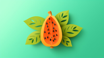 Wall Mural - fruit background with cartoon papaya in modern geometric 3d paper cut