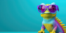 3d Cartoon Colorful Chameleon Wearing Sunglasses On Colorful Background, Copy Space