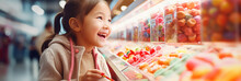 Girl Choosing Candy In The Candy Section Of A Supermarket.