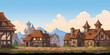8-bit video game graphics medieval houses town thatched roofs, retro, vintage background, generated ai