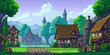 8-bit video game graphics medieval houses town thatched roofs, retro, vintage background, generated ai
